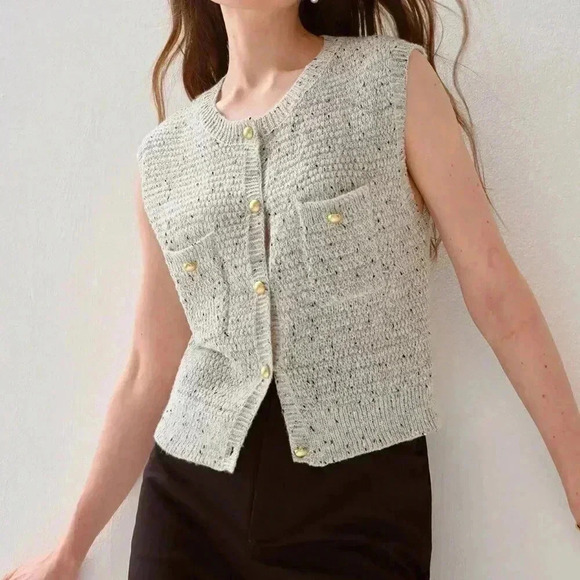 Light Grey Women's Casual Blend Gray Button Trimmed Sweater Vest - Picture 3 of 8